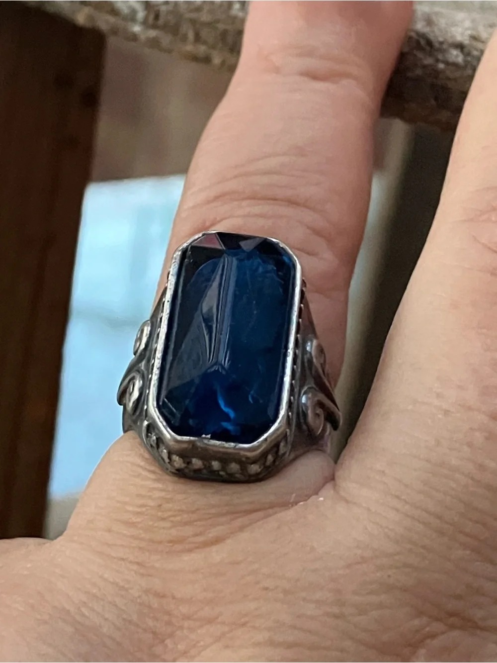 925 Intaglio Cameo Reverse Carved Blue Glass Vintage Sterling Silver Ring 7